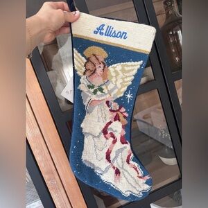 Sferra needlepoint stocking christmas angel personalized allison navy wool bow